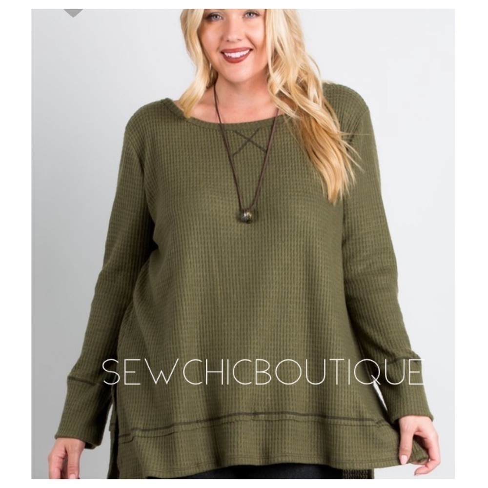 Plus Size Olive Side Slit Hi-Lo Brushed Top